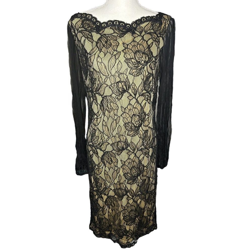 Tadashi Shoji Silk Long Sleeve Black Floral Nude Lace Dress Size 12 Holidays
